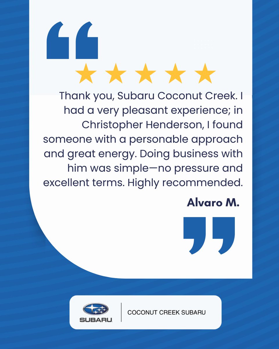 ccsubaru's tweet photo. Five stars for great service! 🌟 Friendly team, smooth process, happy customers.  

#CoconutCreekSubaru #Subaru https://t.co/lOSO425kes