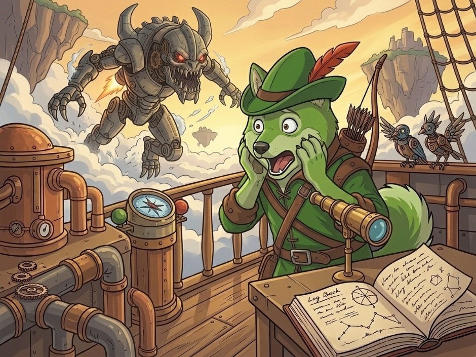 RogeOfficialRH's tweet photo. Caught by surprise on the airship deck, $ROGE looks back in shock as a menacing robotic monster swoops in from the clouds.

 The skies are wild, and every new encounter pushes the adventure further toward legendary status. https://t.co/EwxvVSqxDl