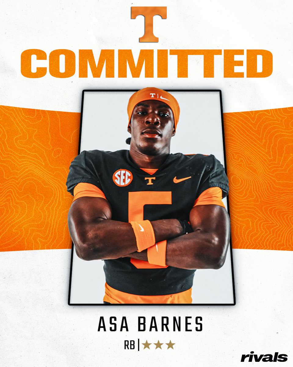 Rivals's tweet photo. 🚨BREAKING🚨 RB Asa Barnes has committed to Tennessee🍊

Read: https://t.co/aAouar1h1I https://t.co/AYrb5pEtoq