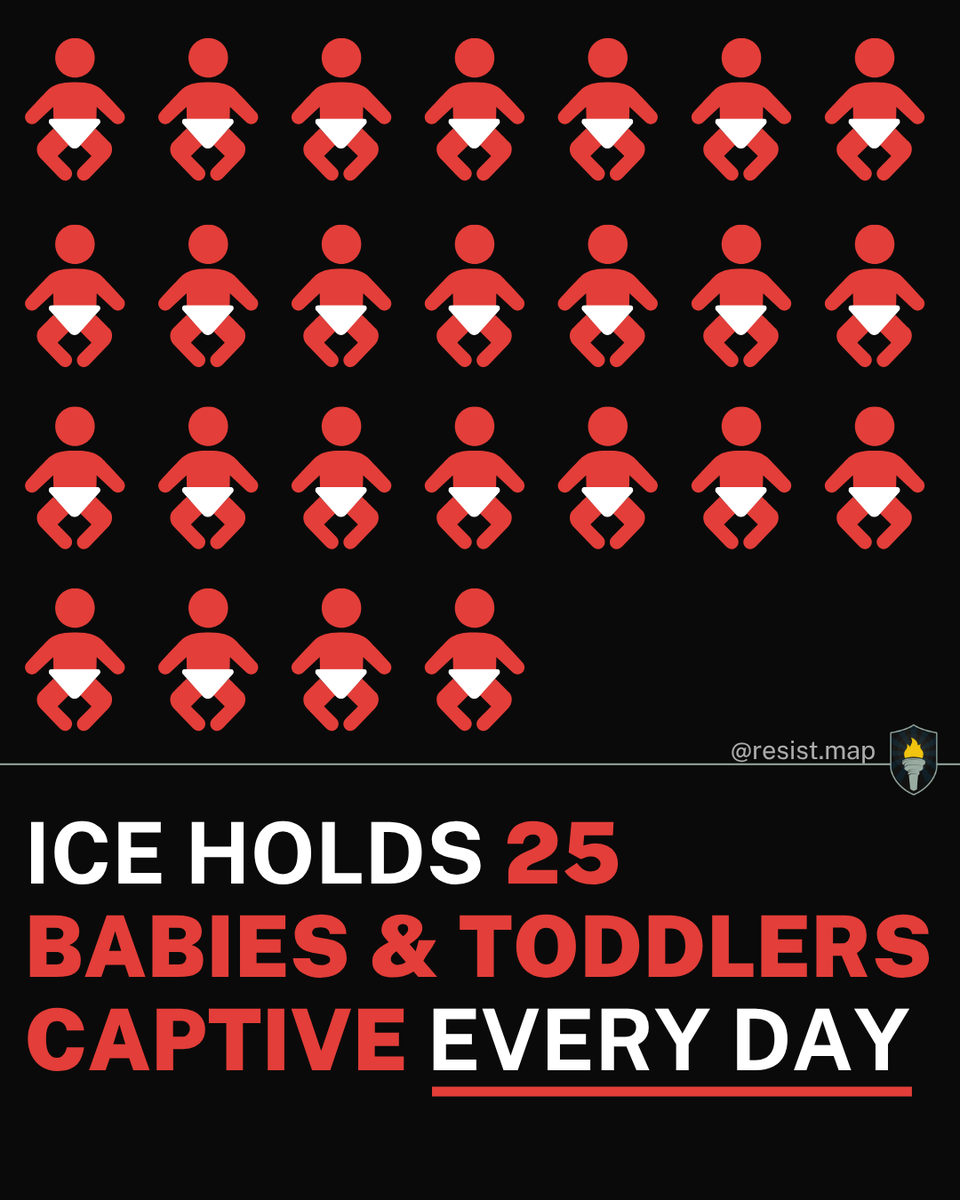 resistmap's tweet photo. Every day, ICE holds an average of 25 infants and toddlers captive in prison-like conditions that traumatize for life.

Including 𝗮𝘁 𝗹𝗲𝗮𝘀𝘁 𝟱𝟬𝟬 babies and toddlers 3 years or younger since January 2025.
ㅤ
This is a humanitarian crisis. https://t.co/sgbYIHgoAo