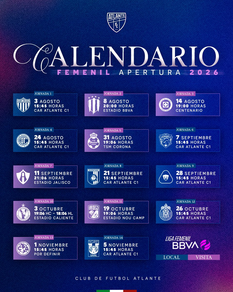 atlantefem's tweet photo. Pongan todas las fechas en el calendario 🗓️

El Atlante Femenil está más que listo para iniciar el Apertura 2026.

#LesGusteONoLesGuste https://t.co/TbmT5cxIMY