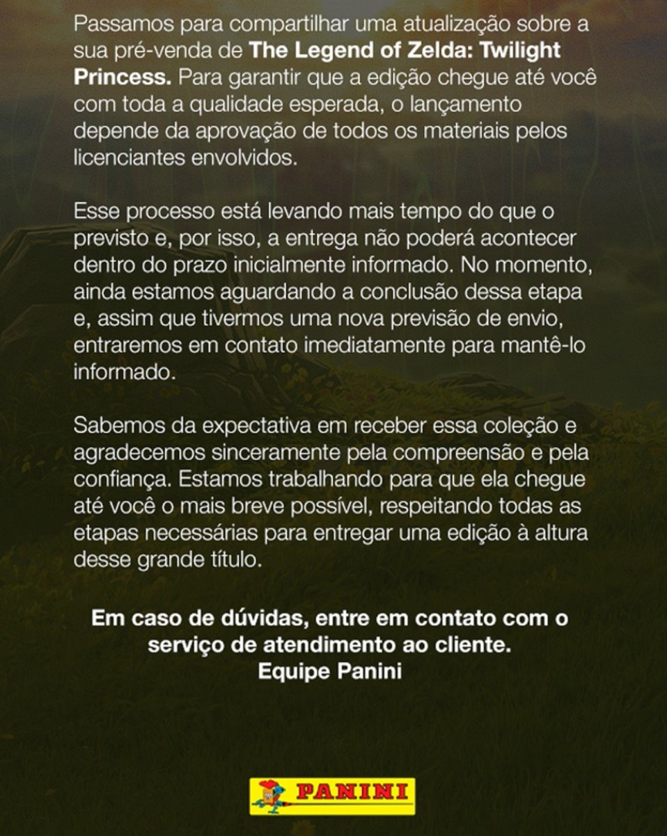PortalZelda's tweet photo. 🚨 A Panini enviou um e-mail para aqueles que fizeram a compra dos mangás de Zelda: Twilight Princess para informar que o envio foi adiado devido a um atraso no processo de aprovação pelos licenciantes. https://t.co/AFw5jqwUak