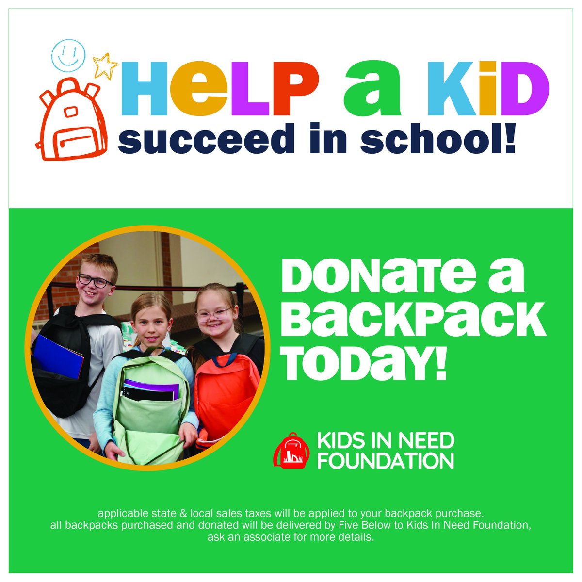 KidsInNeed's tweet photo. A backpack is more than school supplies.
It's confidence.
It's belonging.
It's being ready on Day One.
Thank you to @fivebelow   for partnering with Kids In Need Foundation to help make these moments possible for students across the country. https://t.co/etvS4d6j5P