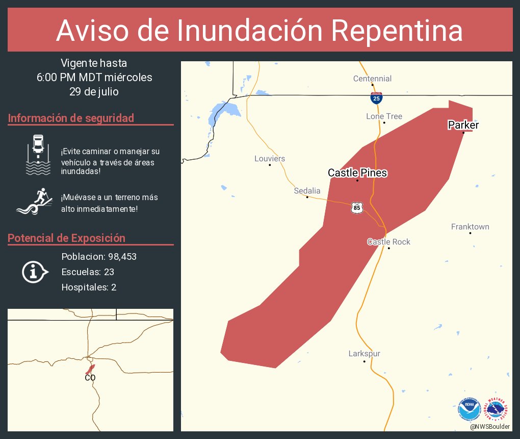 NWSBoulder's tweet photo. Aviso de Inundación Repentina incluye Parker CO, Castle Pines CO hasta las 6:00 PM MDT https://t.co/XJyWkhqveP