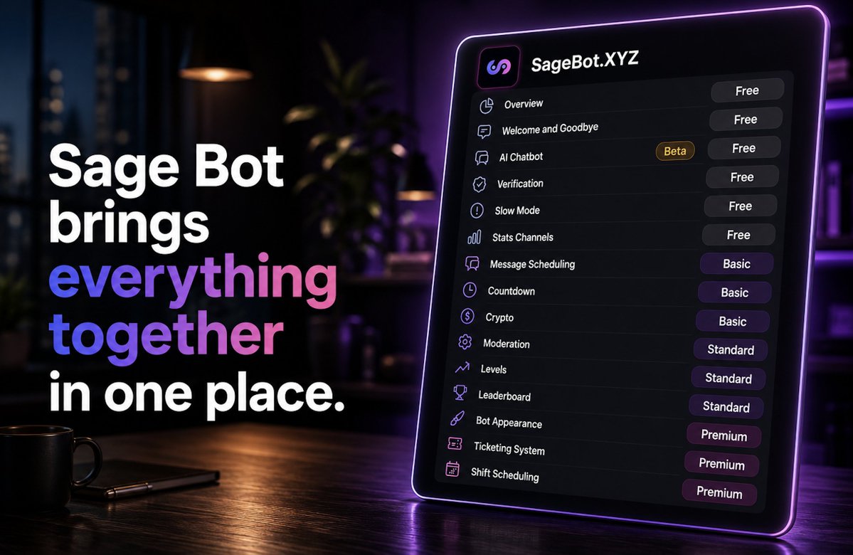 SageBot_XYZ's tweet photo. Running a @discord community shouldn’t mean managing five different bots. 👀

Sage Bot brings everything together in one place:

✅ Moderation and spam protection
✅ Server analytics and activity insights
✅ XP, levels and custom leaderboards
✅ Support tickets
✅ Scheduled announcements and reminders
✅ Advanced roles and permissions

Protect your members, reward meaningful activity, automate repetitive tasks and understand what keeps your community growing.

Less chaos. More control. One bot. 🫡