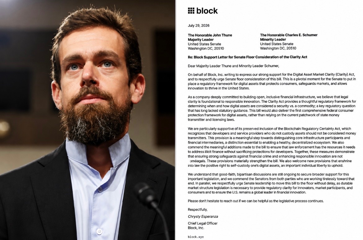 cryptorover's tweet photo. BREAKING: 🇺🇸 Jack Dorsey’s Block has sent a letter to the U.S. Senate urging lawmakers to pass the CLARITY Act. https://t.co/t7aik7AdgK