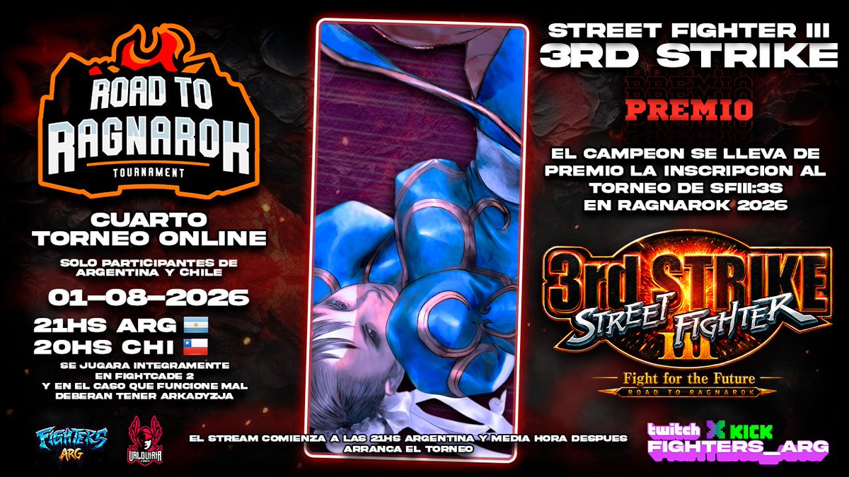 FightersArg's tweet photo. 01-08-2026⏰

👑 ROAD TO RAGNAROK 2026 👑

💥STREET FIGHTER III: 3rd Strike💥

Recuerden que el torneo solo es para Argentina y Chile
21hs 🇦🇷
20hs 🇨🇱

Anotate guacho!
https://t.co/PZKCP0Dg5O

STREAM EN VIVO POR:
https://t.co/p5supVFVPH

https://t.co/LCVtaN895f https://t.co/86Vssl9eDl