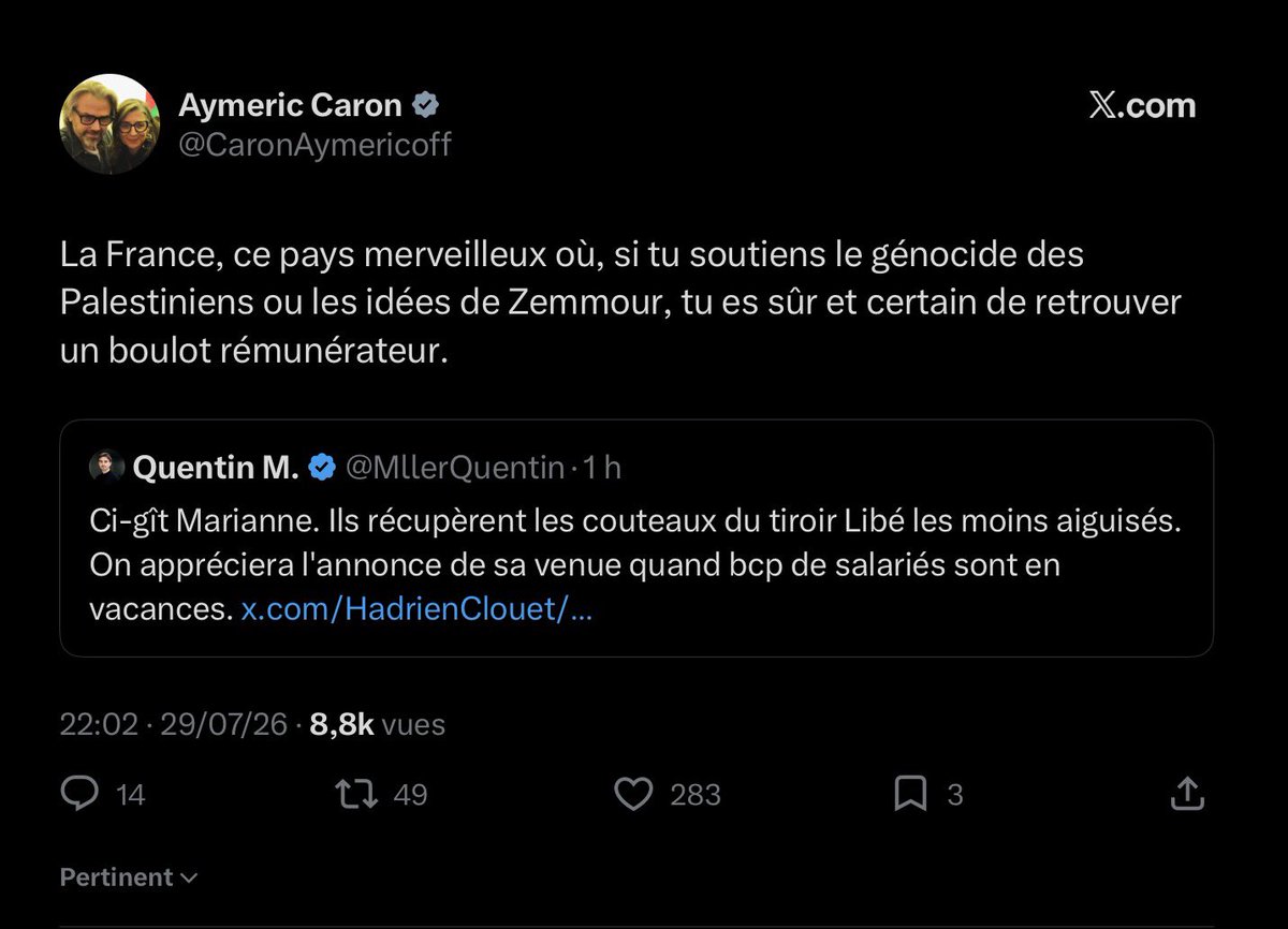 quatremer's tweet photo. Et voici le tweet de El Versailly qui couronne cette journée ! J'ai eu peur qu'il m'oublie, ça aurait gâché mes vacances sur le yacht de Bolloré avec mes amis génocidaires (ironie pour la team premier degré de LFI)💋 https://t.co/njY8gihqVt