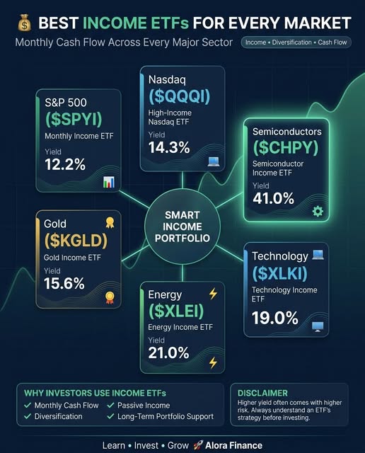 Harrington6M's tweet photo. 📷 Best Income ETFs for Every Sector in 2026
Want income from every corner of the market? These ETFs cover the S&amp;P 500, Nasdaq, semiconductors, gold, energy, and technology, helping investors diversify while targeting cash flow. Always evaluate yield, risk, https://t.co/wi10yhTdSV
