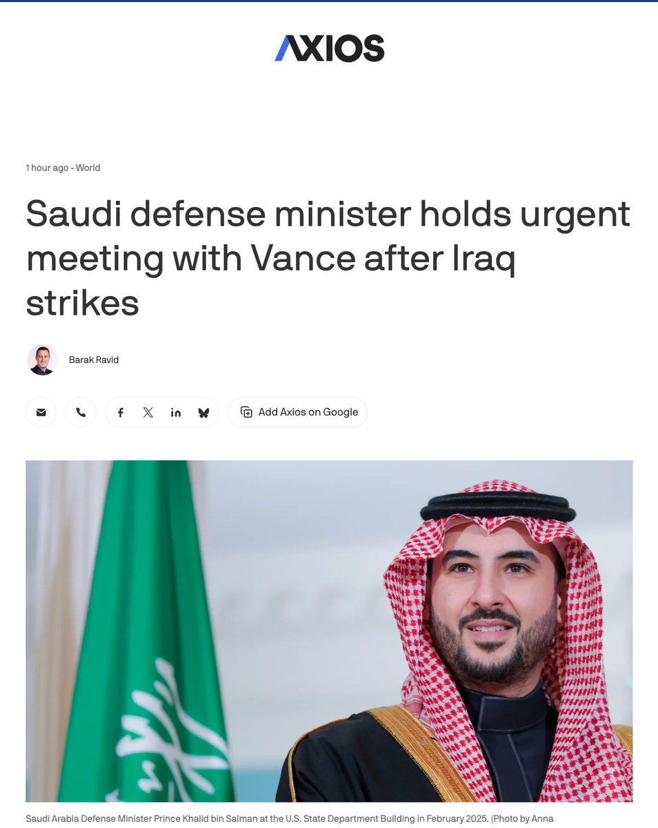 aldayni's tweet photo. #متابعات
حصري من أكسيوس @axios
وزير الدفاع السعودي يعقد اجتماعاً عاجلاً مع فانس بعد الضربات الجوية على العراق
قال مصدر مطلع على الاجتماع إن وزير الدفاع السعودي أخبر فانس أن الهجمات التي شنتها الميليشيات العراقية الموالية لإيران على البنية التحتية السعودية ومنشآت الطاقة تجاوزت الخط الأحمر، وأن المملكة يجب أن ترد
وقال المصدر: "أراد ولي العهد أن يوصل إلى فانس أن الضربات في العراق لا تعني أن المملكة العربية السعودية مؤيدة للتصعيد، بل إنها مستعدة للدفاع عن نفسها إذا لزم الأمر"

https://t.co/x5rjH1nUz9

قال مصدر مطلع على الاجتماع لموقع أكسيوس إن وزير الدفاع السعودي الأمير خالد بن سلمان أبلغ نائب الرئيس فانس في البيت الأبيض يوم الأربعاء أنه على الرغم من الضربة الأمريكية السعودية المشتركة على الميليشيات الموالية لإيران في العراق، فإن المملكة العربية السعودية لا تزال تفضل خفض التصعيد مع إيران.

لماذا هذا مهم: قال المصدر إن الهدف من الاجتماع كان إيصال رسالة من ولي العهد الأمير محمد بن سلمان (MBS) بشأن الحرب مع إيران والوضع في المنطقة.

تُعدّ المملكة العربية السعودية أحد أهم حلفاء الولايات المتحدة في المنطقة. وعلى الرغم من التوترات التي شهدتها المنطقة في عدة مناسبات خلال الأشهر الخمسة الماضية، فقد تمكن السعوديون من التأثير على سياسة الرئيس ترامب تجاه إيران مرات عديدة منذ بدء الحرب.

كان من المفترض أن يزور الأمير خالد، شقيق ولي العهد محمد بن سلمان والمقرب منه، واشنطن الأسبوع الماضي، لكنه أرجأ رحلته بسبب الضربات الجوية في العراق.
أبرز الأخبار: يوم الثلاثاء، شن الجيش السعودي والقيادة المركزية الأمريكية (سنتكوم) ضربات مشتركة ضد الميليشيات الموالية لإيران في العراق.

وقالت القيادة المركزية الأمريكية إن الضربات جاءت رداً على أكثر من 30 هجوماً بطائرات بدون طيار وجهها الحرس الثوري الإسلامي ونفذتها ميليشيات ضد أهداف في المملكة العربية السعودية خلال الـ 72 ساعة الماضية.
أكدت وزارة الدفاع السعودية لاحقاً مشاركتها في الضربات، قائلة إنها كانت منسقة مع القيادة المركزية الأمريكية (CENTCOM).

داخل الغرفة: قال مصدر مطلع على الاجتماع إن وزير الدفاع السعودي أخبر فانس أن الهجمات التي شنتها الميليشيات العراقية الموالية لإيران على البنية التحتية السعودية ومنشآت الطاقة تجاوزت الخط الأحمر، وأن المملكة يجب أن ترد.

وقال المصدر: "أراد ولي العهد أن يوصل إلى فانس أن الضربات في العراق لا تعني أن المملكة العربية السعودية مؤيدة للتصعيد، بل إنها مستعدة للدفاع عن نفسها إذا لزم الأمر".

زار وزير الدفاع السعودي البيت الأبيض بعد يوم من لقاء رئيس الوزراء الإسرائيلي بنيامين نتنياهو مع ترامب. وقال مسؤول إسرائيلي إن نتنياهو ناقش الوضع في السعودية "في سياق التحديات الإقليمية".

وقال مصدر مطلع على الاجتماع: "أبلغ الأمير خالد فانس أن نتنياهو يضغط من أجل التصعيد مع إيران بينما تريد السعودية خفض التصعيد لأنه مسار أكثر جدوى".

امتنع مكتب نائب الرئيس عن التعليق.
باختصار: قبل أسبوعين، قدم ترامب دعمه لولي العهد محمد بن سلمان لعملية عسكرية غير عادية ضد الحوثيين المدعومين من إيران في اليمن، حسبما أفادت أكسيوس.

ورد الحوثيون بالتهديد بفرض حصار بحري على الموانئ السعودية، بل وشنوا عدة هجمات على السفن السعودية في البحر الأحمر.

وأضاف المصدر أن على المملكة العربية السعودية أن ترد بقوة في العراق من أجل توجيه رسالة إلى الحوثيين المدعومين من إيران في اليمن وردعهم عن شن هجمات مماثلة ضد المملكة.

أبلغ وزير الدفاع السعودي فانس يوم الأربعاء أن المملكة قادرة على إدارة الوضع مع الحوثيين، ولا تحتاج إلى تدخل الولايات المتحدة في هذه المرحلة. وأضاف المصدر أن السعوديين يتفاوضون أيضاً مع الحوثيين.