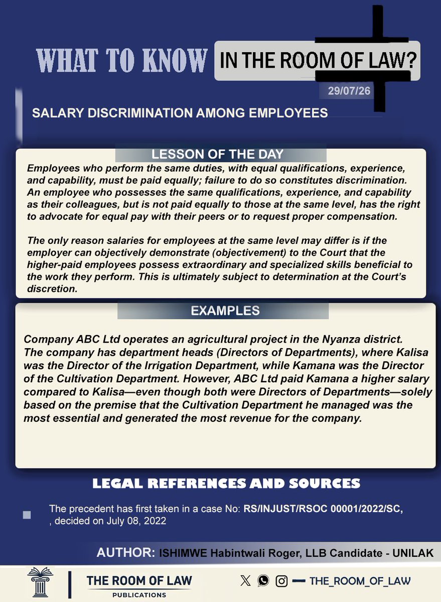 THE_ROOM_OF_LAW's tweet photo. PUB 031.J26.RGR - IVANGURA RISHINGIYE KU MISHAHARA MU BAKOZI.

Bana natwe, Biroroshye Biraryoshye!

EN: SALARY DISCRIMINATION AMONG EMPLOYEES

Stay with us, It’s easy and engaging!

#TheRoomOfLaw #LegalAnalysis #LawStudentLife #Jurisprudence #legalinnovation https://t.co/FeyBXfiEnN