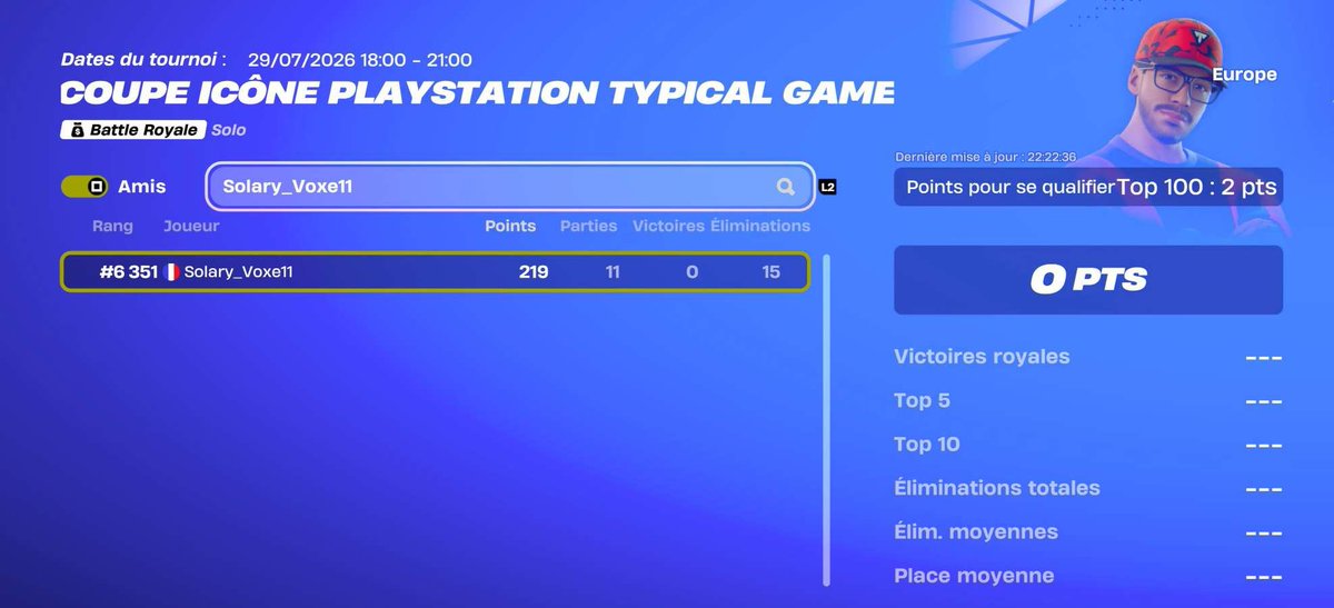 SolaryVoxe11's tweet photo. Aujourd’hui y’avais la playstation cup j’ai fait top 6,351 avec 219 pts 
@VTZzertox @FNCompetitive https://t.co/SZDA7CcVs5