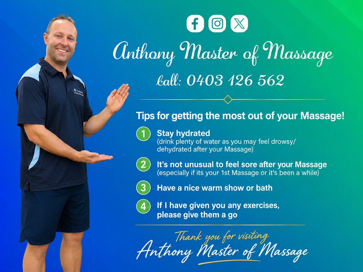 A_MasterMassage's tweet photo. Read the tips for getting the best out of your Massage and #BOOKINNOW! Details below:

Call: 0403 126 562
Website: https://t.co/odNSdfycIJ

#MassageTherapist #Tips #Appointment #NewDay #FeelGood #Health #Body #Mind #BeHappy #HealthyLifestyle #HealthIsWealth #TakeCare #SelfCare https://t.co/TMTYaG5tb0
