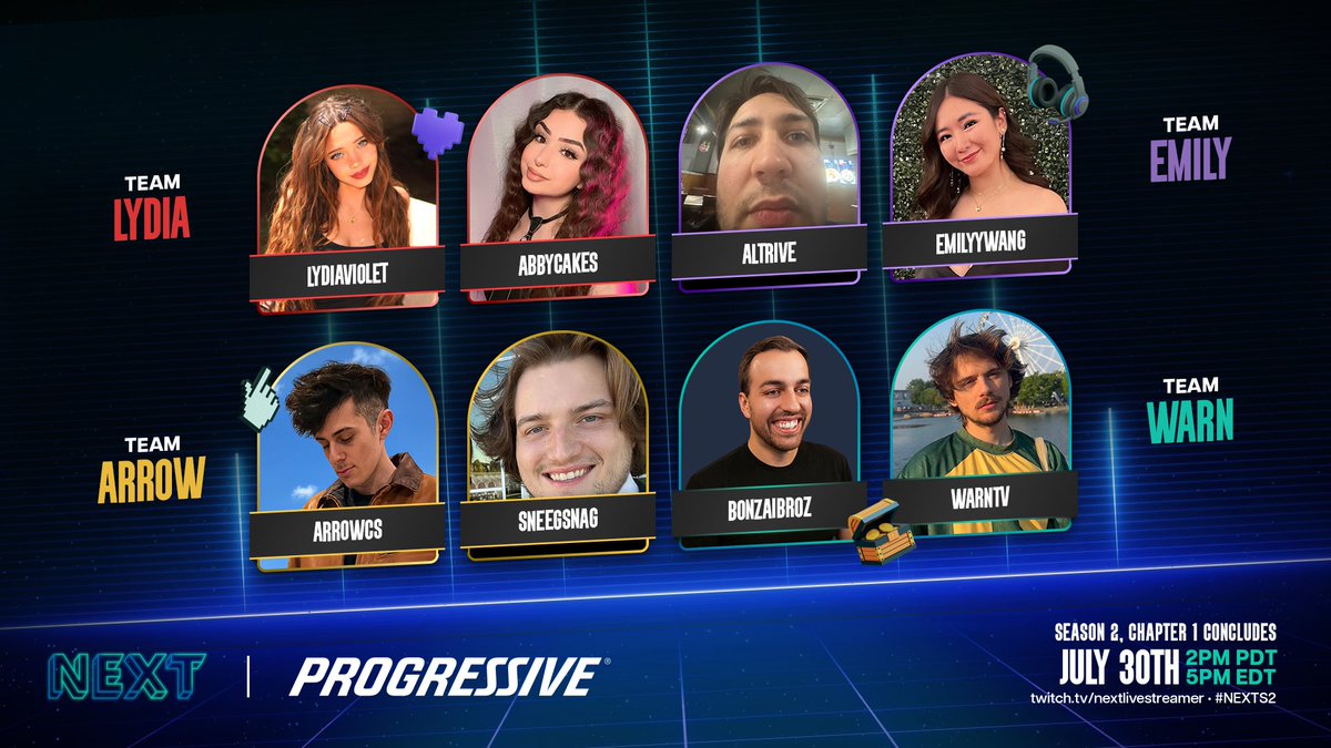 nextlivestream's tweet photo. Tomorrow, one creator becomes the first Chapter Champion of NEXT Season 2!

NEXT Season 2, presented by @Progressive, continues with the Chapter 1 Finals.

Join @ChelseaBytes, @lydiaviolettv, @emilyywng, @ArowCS, @WarnTV, and the remaining Chapter 1 contestants as they compete for the Chapter 1 title and the first spot in the NEXT Season 2 Finale.

Watch live: https://t.co/RhexTBihRk
July 30 at 2:00 PM PT.

#NEXTPresentedByProgressive #NEXTS2