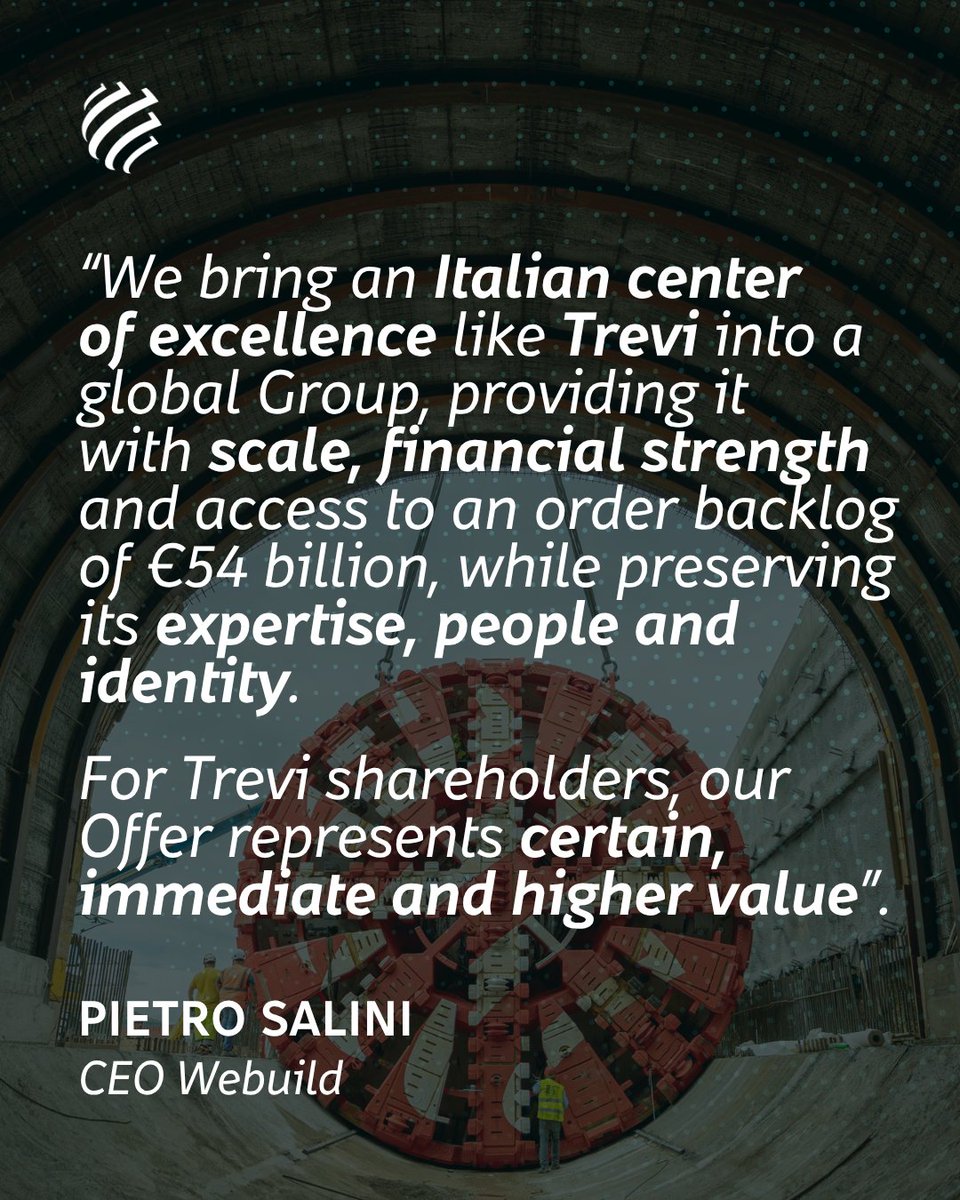 Webuild_Group's tweet photo. 📰 Launch of a public tender offer on #Trevi: Trevi's italian know-how grows on #Webuild's global platform.
🗣️“We believe in the value of Italian centers of #excellence and in their ability to succeed on international markets: we intend to develop Trevi as a Group center of excellence, expanding its role both in #Italy and abroad.
Thanks to our global commercial platform, Trevi will gain access to new geographies, clients and larger tenders, placing its specialist capabilities at the service of the Group and the market along a new growth trajectory.
For Trevi shareholders, our Offer represents certain, immediate and higher value”.
@pietrosalini, CEO Webuild
Read more 👉 https://t.co/glnXZUren9
#webuildgroup