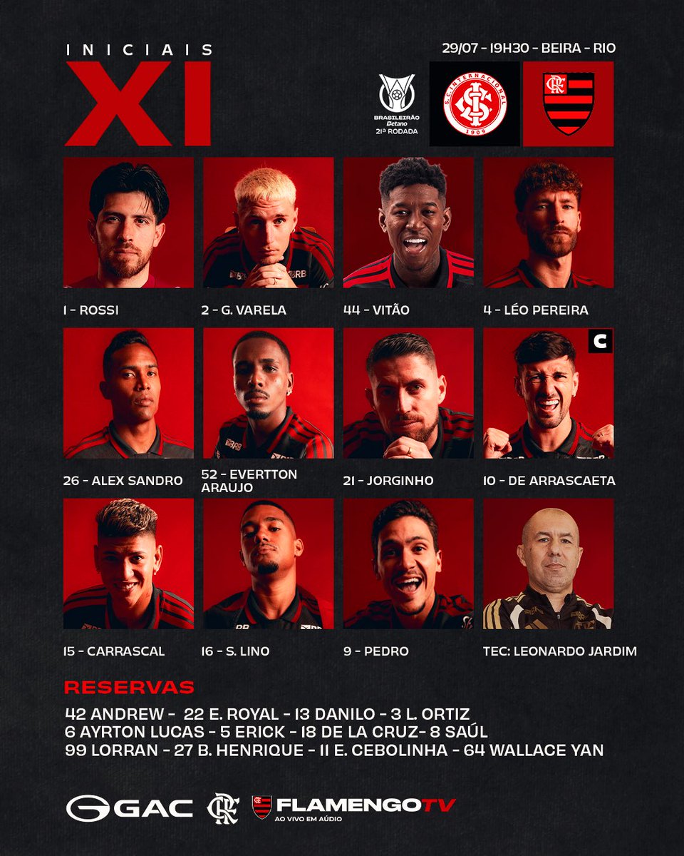 Flamengo's tweet photo. NOSSO TIME É A GENTE EM CAMPO! Confira a #escalação do Flamengo para enfrentar o Internacional! 

#INTxFLA https://t.co/dgNWldrOb7