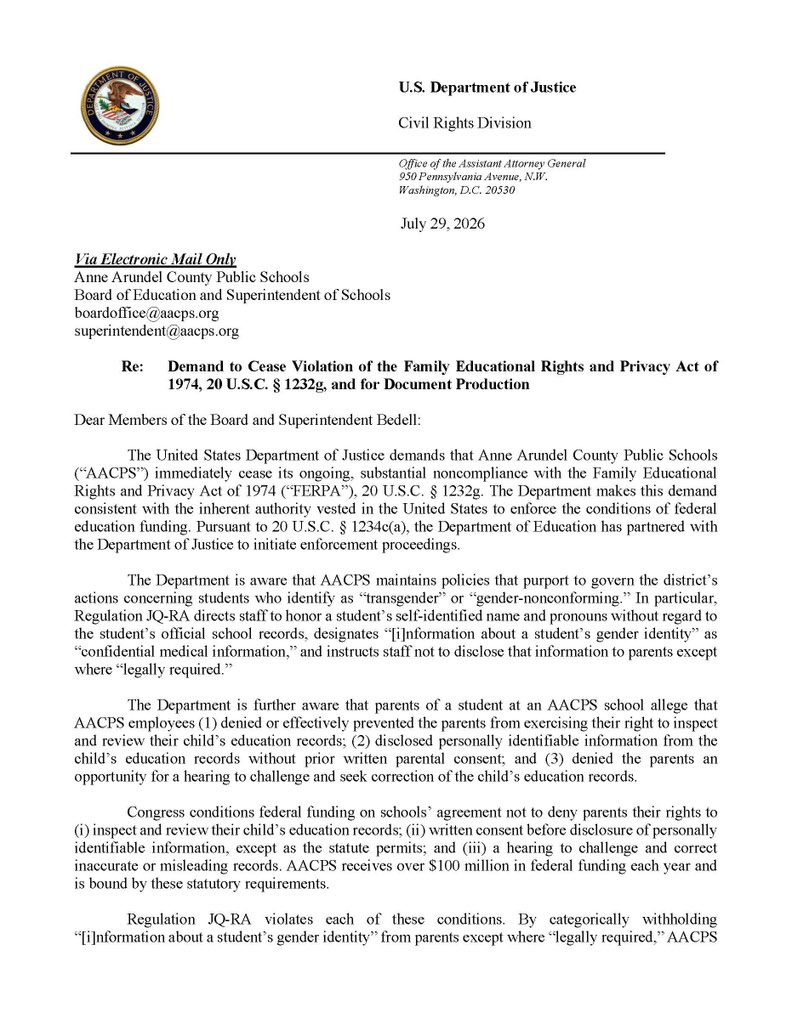 AAGDhillon's tweet photo. No school district gets to override a parent’s right to know what is happening with their own child. This district isn’t even hiding what it’s doing!
 
FERPA is clear, and so is @CivilRights’ message: Comply with the law or face us in court. https://t.co/z69zgjlHX8