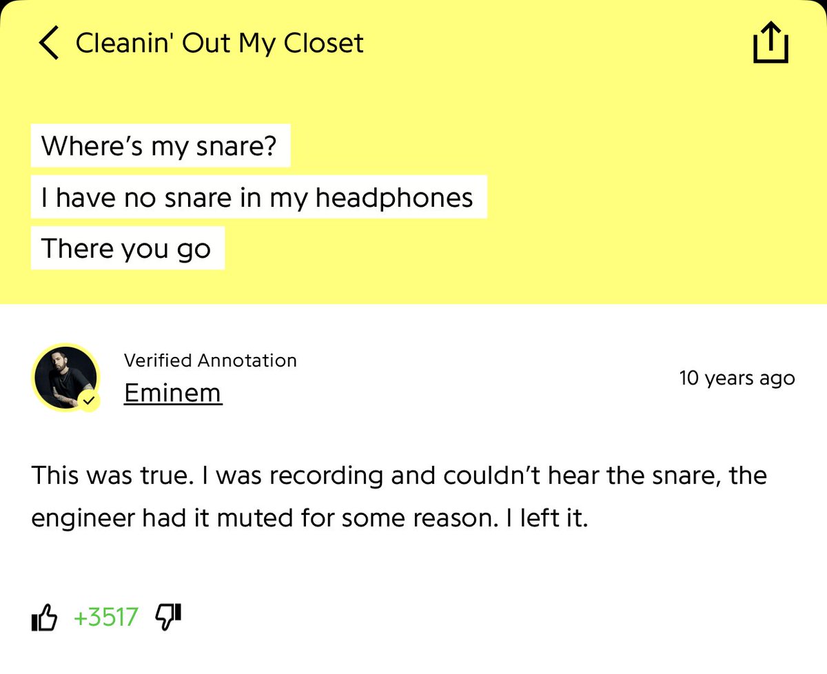 Genius's tweet photo. today in 2002, eminem dropped “cleanin’ out my closet”💿

the track peaked at no. 4 on the billboard hot 100 and went on to earn 3x platinum certification from the RIAA. 
https://t.co/J7CHI60lI9 https://t.co/i6iVTKtZSx