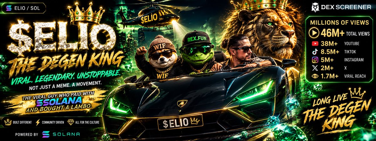 3ljulz's tweet photo. @ElioWIF Built different. Driven by legends. Fueled by Solana. 👑 $ELIO is the Degen King—and this banner tells the whole story. See you at the top. 💎🦁🏎️ #ELIO #DEXScreener #Solana #WIF #REXFUN https://t.co/GvB5FxaDN4