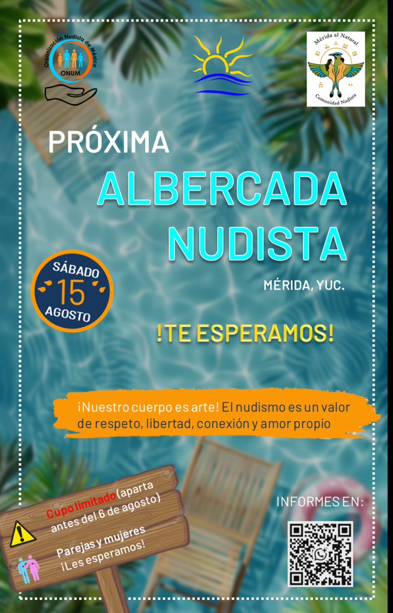MeridaAlNatural's tweet photo. Como cada mes, celebremos la libertad que nos regala el #nudismo 🌿

📅 Sábado 15 de agosto
⚠️Cupo limitado: informes y reservación en el QR de la imagen

¡Te esperamos! ✨

#MéridaAlNatural #NudismoYucatán #LibertadCorporal #AlbercadaNudista https://t.co/qvM1peporx