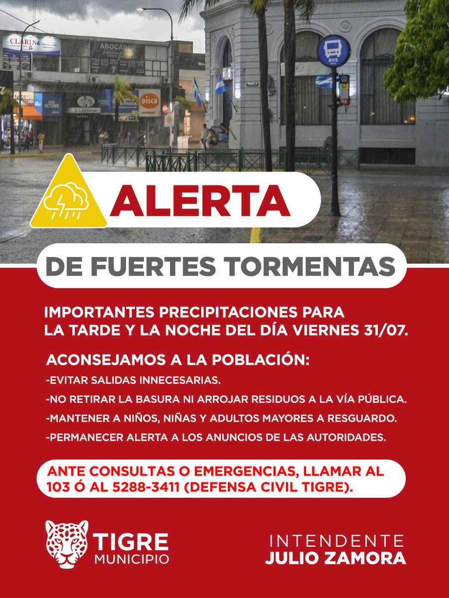 AlertaTigre's tweet photo. Servicio Meteorológico Nacional Informa: ALERTA AMARILLA POR TORMENTAS en @MunicipioTigre
Emergencias:
☎️ 103
☎️ 5288-3411
#DCTigre #COT https://t.co/aRI875tNYz