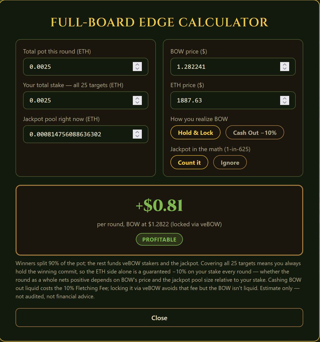 Flame__Fun's tweet photo. New on @BowStop - live Full-Board Edge Calculator 🏹

Click it in the header - pulls your pot, jackpot & stake live on-chain (even unsubmitted picks), live BOW/ETH pricing, hold-vs-cash-out toggle, jackpot EV toggle

Know your edge before you commit👀 $BOWSTOP

https://t.co/wsc8z4ow7k
https://t.co/RClwAKqRtK