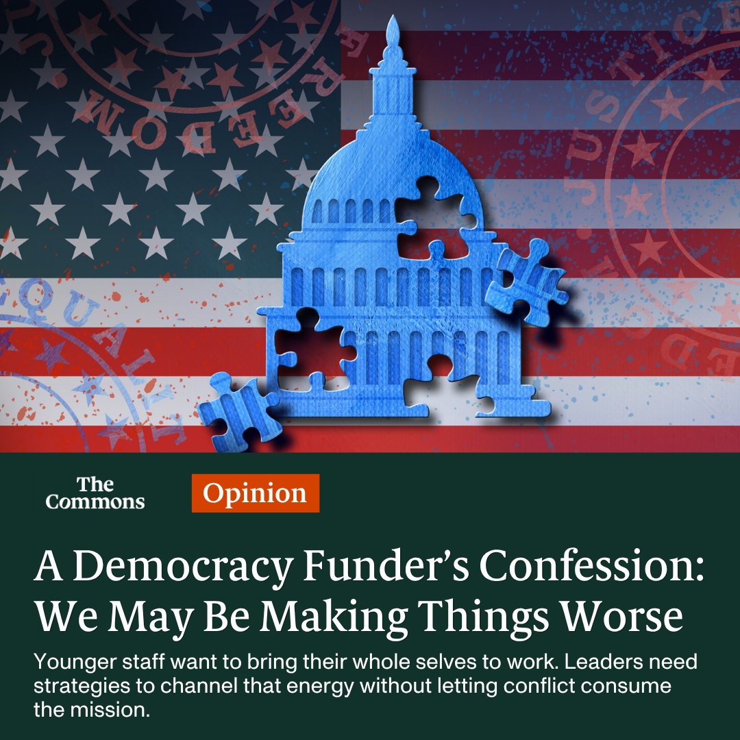 Philanthropy's tweet photo. Opinion: After a decade of democracy funding, a hard admission from an insider: we may be making things worse. Three lessons on where the field has gone wrong.
https://t.co/AvfgwwZz9U
#TheCommons https://t.co/NL1Y9oYeDP