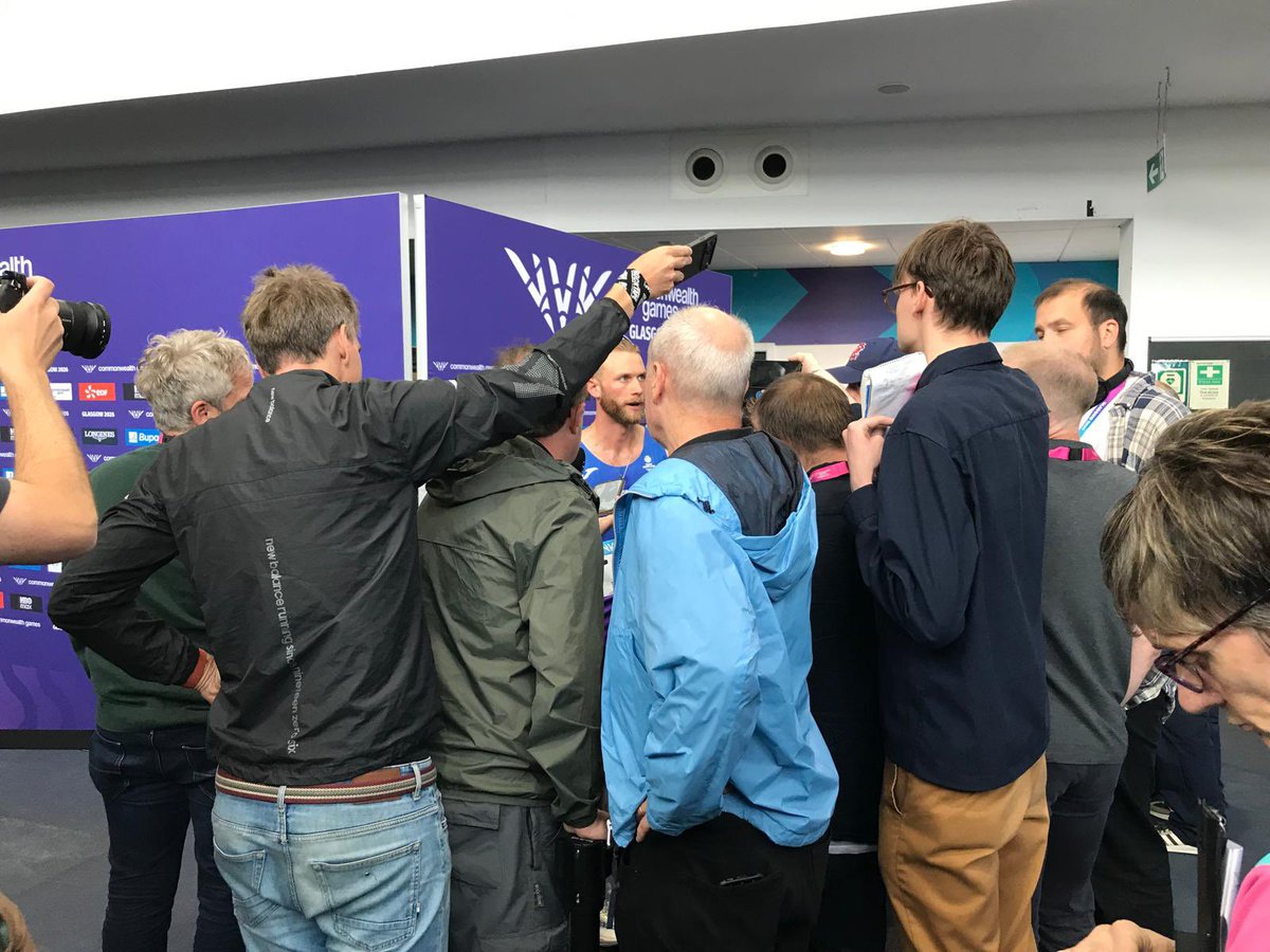 RunBlogRun's tweet photo. In the mixed zone with Josh Kerr, at the Commonwealth Games! Photo by Stuart Weir, July 29, 2026, Glasgow, Scotland. #scotland #scotlandexplore, #joshkerr, #brooksbeasts, #inthemixedzone, #commonwealthgames, #stuartweir, https://t.co/tZLGeYZPdn