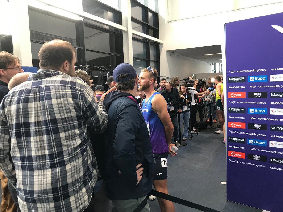 RunBlogRun's tweet photo. In the mixed zone with Josh Kerr, at the Commonwealth Games! Photo by Stuart Weir, July 29, 2026, Glasgow, Scotland. #scotland #scotlandexplore, #joshkerr, #brooksbeasts, #inthemixedzone, #commonwealthgames, #stuartweir, https://t.co/tZLGeYZPdn