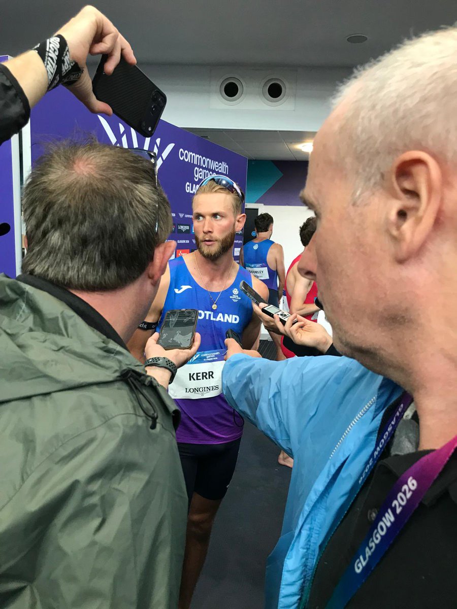 RunBlogRun's tweet photo. In the mixed zone with Josh Kerr, at the Commonwealth Games! Photo by Stuart Weir, July 29, 2026, Glasgow, Scotland. #scotland #scotlandexplore, #joshkerr, #brooksbeasts, #inthemixedzone, #commonwealthgames, #stuartweir, https://t.co/tZLGeYZPdn