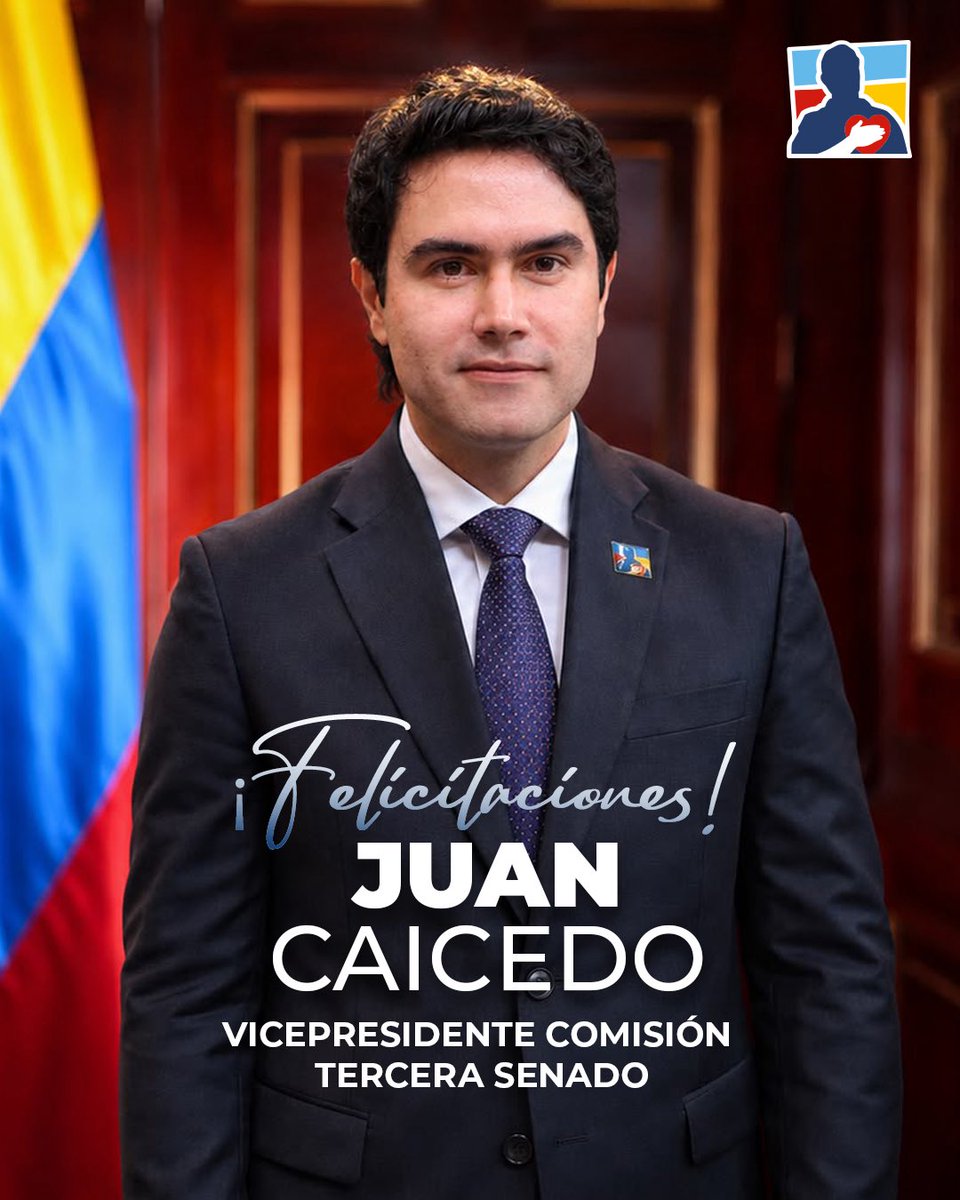 CeDemocratico's tweet photo. Felicitamos al joven senador @juancaicedocal , elegido vicepresidente de la Comisión Tercera del @SenadoGovCo . Le esperan grandes retos en materia de hacienda pública, impuestos y sistema financiero, y le deseamos muchos éxitos en esta nueva responsabilidad. https://t.co/lYARujhwDg