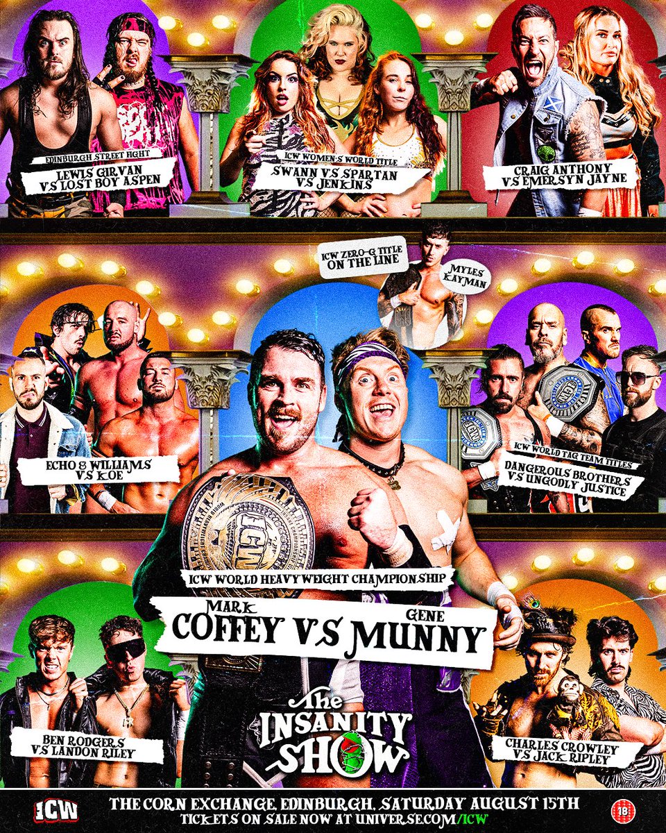 InsaneChampWres's tweet photo. 🚨FULL MATCH CARD🚨

After 11 years we return to the Edinburgh Fringe for The Insanity Show!🐸

We are just over 2 weeks away for an absolutely stacked card of top class Scottish Wrestling.

SATURDAY Aug 15th
Corn Exchange, Edinburgh
STANDING ROOM ONLY - Link in bio! https://t.co/iYTcQvBE3j
