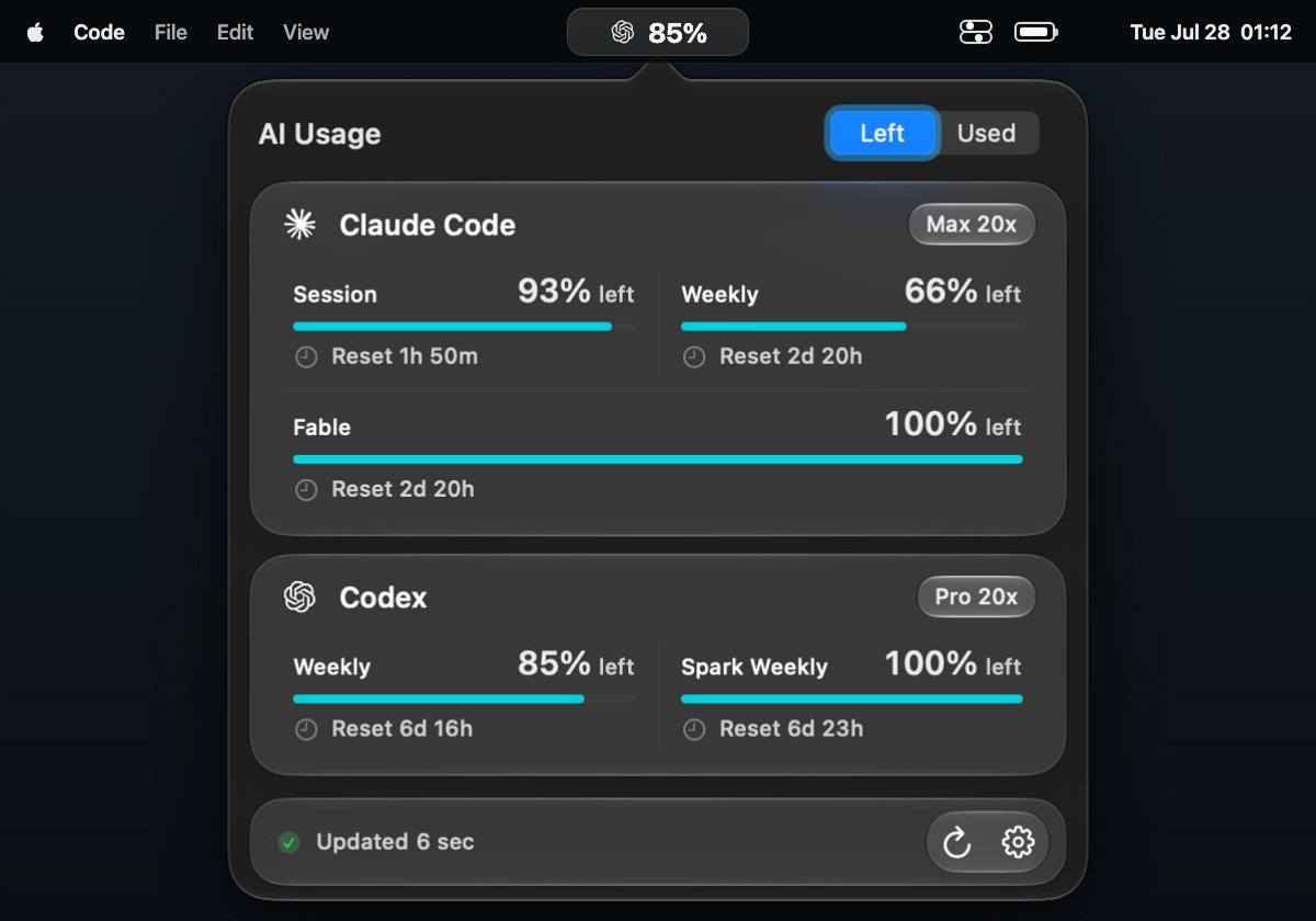 bgnceo's tweet photo. AI Usage puts your coding agents’ limits in the macOS menu bar.

Claude Code, Codex, Cursor, Copilot, Devin, Grok &amp; Antigravity

Free &amp; open source:
https://t.co/qxAsYXIonp https://t.co/L953gmnE3N
