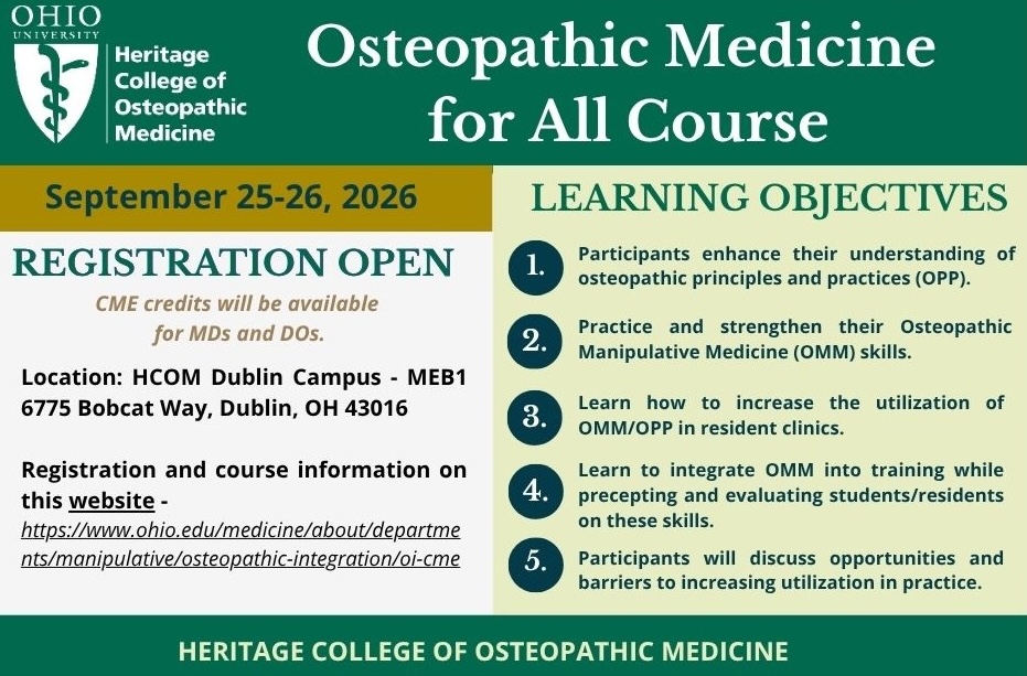 OUHCOM's tweet photo. Registration is open for Osteopathic Medicine for All 2026! Sept 25-26 at our Dublin campus. Strengthen your OMM skills and deepen your understanding of osteopathic principles. Ideal for DOs and MDs – CME credits available. Register online: https://t.co/QxYJnZSXKA https://t.co/fnnk2dw5Ia