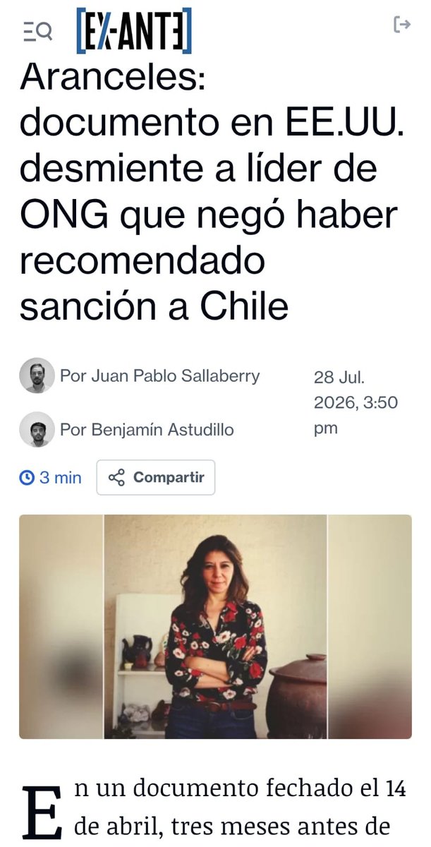 lavozdejosefa's tweet photo. ¿CUÁNTO MÁS AGUANTARÁ EL BOLSILLO CHILENO POR ESTE 12,5 %? 
 
En abril de 2026, Fundación Libera envió a EE.UU. un documento oficial pidiendo aranceles y restricciones contra productos chilenos. Hoy, con el gravamen ya vigente, salen a mentir diciendo que “nunca quisieron sancionarnos”. ¡Tiraron la piedra y escondieron la mano!
 
La medida nace de la investigación Sección 301: Washington acusa a Chile de no fiscalizar bien el trabajo forzoso no culpa a nuestras empresas y aplica el 12,5 % como presión política. Nuestro gobierno rechaza la decisión, pero no ha logrado revertirla.
 
Y lo más indignante: las exclusiones son a su antojo. Se salvaron el cobre, litio y celulosa que suman el 53,5 % de nuestras ventas a EE.UU. porque gravarlos les dañaría a ellos mismos.
 
¿Quién paga el precio? Los que generan empleo y riqueza en regiones:
Salmón, frutas frescas, vinos y productos forestales.
 
El golpe al salmón es brutal: EE.UU. es nuestro principal comprador, por más de USD 2.100 millones anuales. El sobrecosto alcanza cientos de millones de dólares y se siente con fuerza en Los Lagos y Aysén.
 
Se debe combatir el trabajo forzoso, claro que sí. Pero no aceptamos hipocresía: está por escrito que pidieron estas sanciones, y ahora quieren lavarse la cara mientras el costo cae sobre exportadores, trabajadores y familias chilenas. El enviado estadounidense llega a fines de agosto: hasta entonces, el 12,5 % sigue robándonos lo que es nuestro.
#arancel #chile #parati