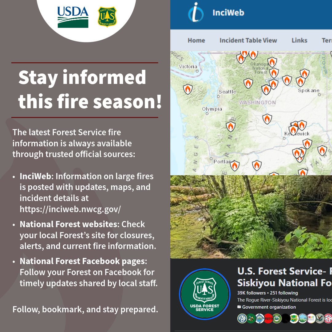 ForestServiceNW's tweet photo. Stay informed this fire season!
• InciWeb: https://t.co/fGm8lm4plf
• National Forest websites
• National Forest Facebook pages
Staying connected helps keep our communities safe. Follow, bookmark, and stay prepared. https://t.co/NO7yDKcg4V