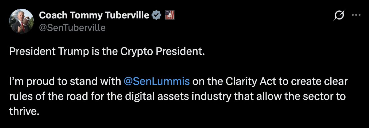 BitcoinMagazine's tweet photo. NEW: 🇺🇸 Sen. Tommy Tuberville voices his support for the CLARITY ACT 

Pass it 🚀 https://t.co/WQ070UjZVT