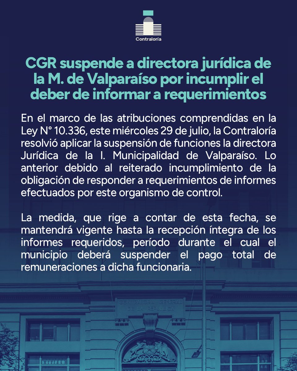 Contraloriacl's tweet photo. 🔴AHORA| CGR suspende a directora jurídica de la M. de Valparaíso por incumplimiento del deber de informar a requerimientos.
Revisa la nota acá 👉 https://t.co/Haf5FTUeku https://t.co/9Pf0RAlxS7