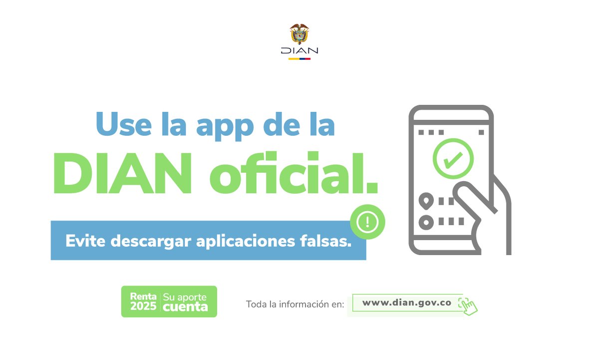 DIANColombia's tweet photo. Ciberdelincuentes suplantan a la #DIAN con apps falsas para capturar usuarios y contraseñas. 

Nunca instale archivos directos o enlaces .APK enviados por WhatsApp.

Use siempre los canales oficiales. Todos los trámites son gratuitos. 

#VerifiqueYSiéntaseSeguro #SuAporteCuenta #Renta2025