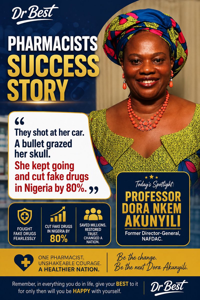 only1DrBest's tweet photo. PHARMACISTS SUCCESS STORY

 “They shot at her car. A bullet grazed her skull. She kept going and cut fake drugs in Nigeria by 80%.”

Today’s spotlight: Professor Dora Nkem Akunyili (Former Director-General, NAFDAC.)

Her rise, stage by stage: https://t.co/btfvGwcnO7