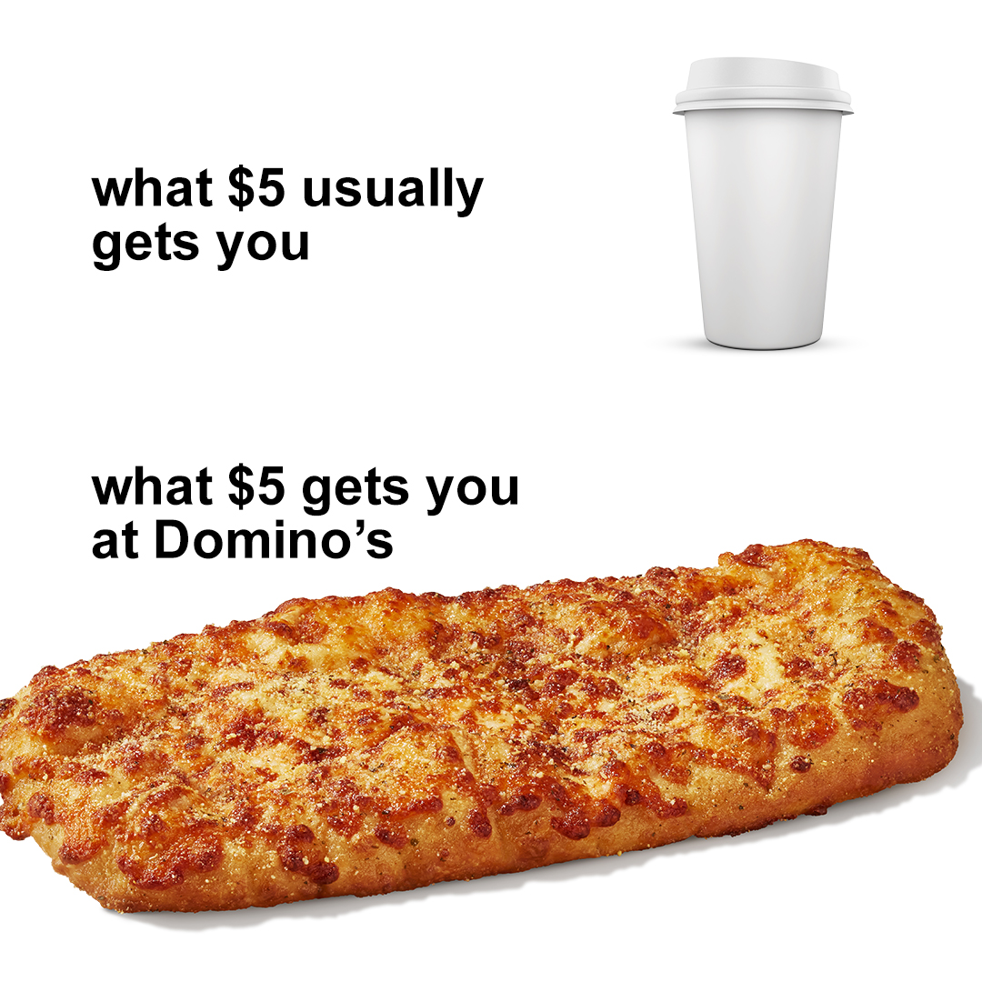 DominosCanada's tweet photo. Skip the coffee. Grab the cheese instead. 😏🧀

Cheesy Bread is just $5 in the Domino's app. Don't miss out. https://t.co/yh2FXblMiZ