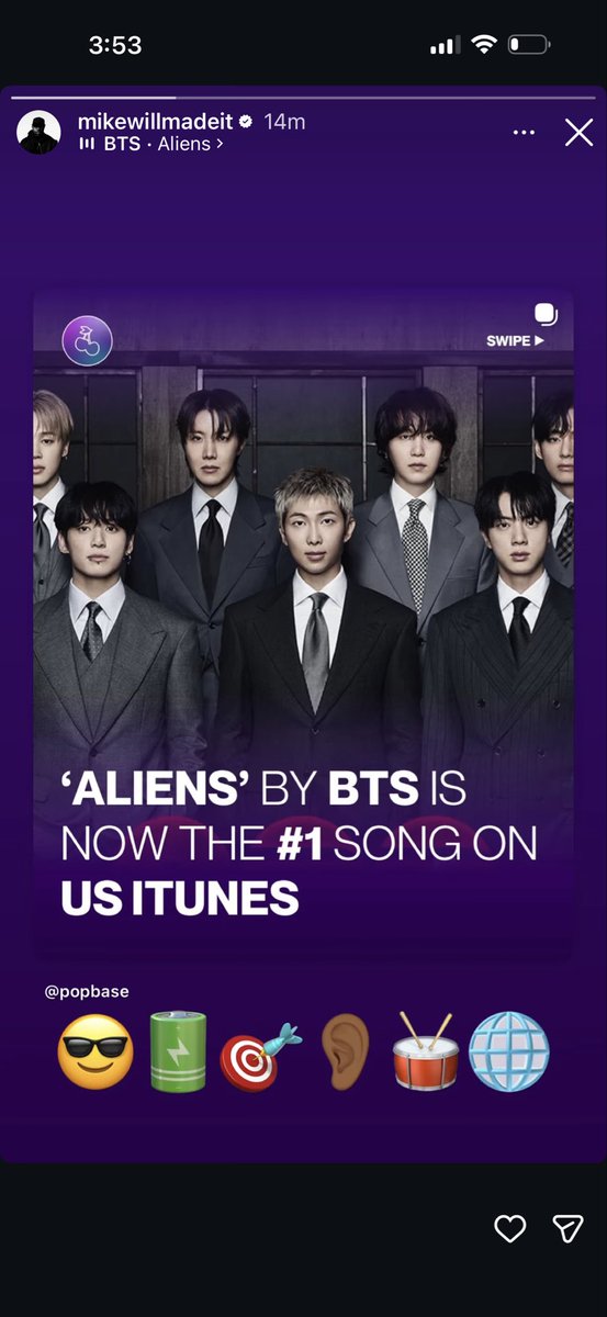 orul8ce's tweet photo. Insta story by Mike Will Made-it the producer of Aliens 🔥🔥🔥🔥👏👏👏🔥 

My goated bangtan 🥹🫠💜 https://t.co/3Yj1jjEPOi
