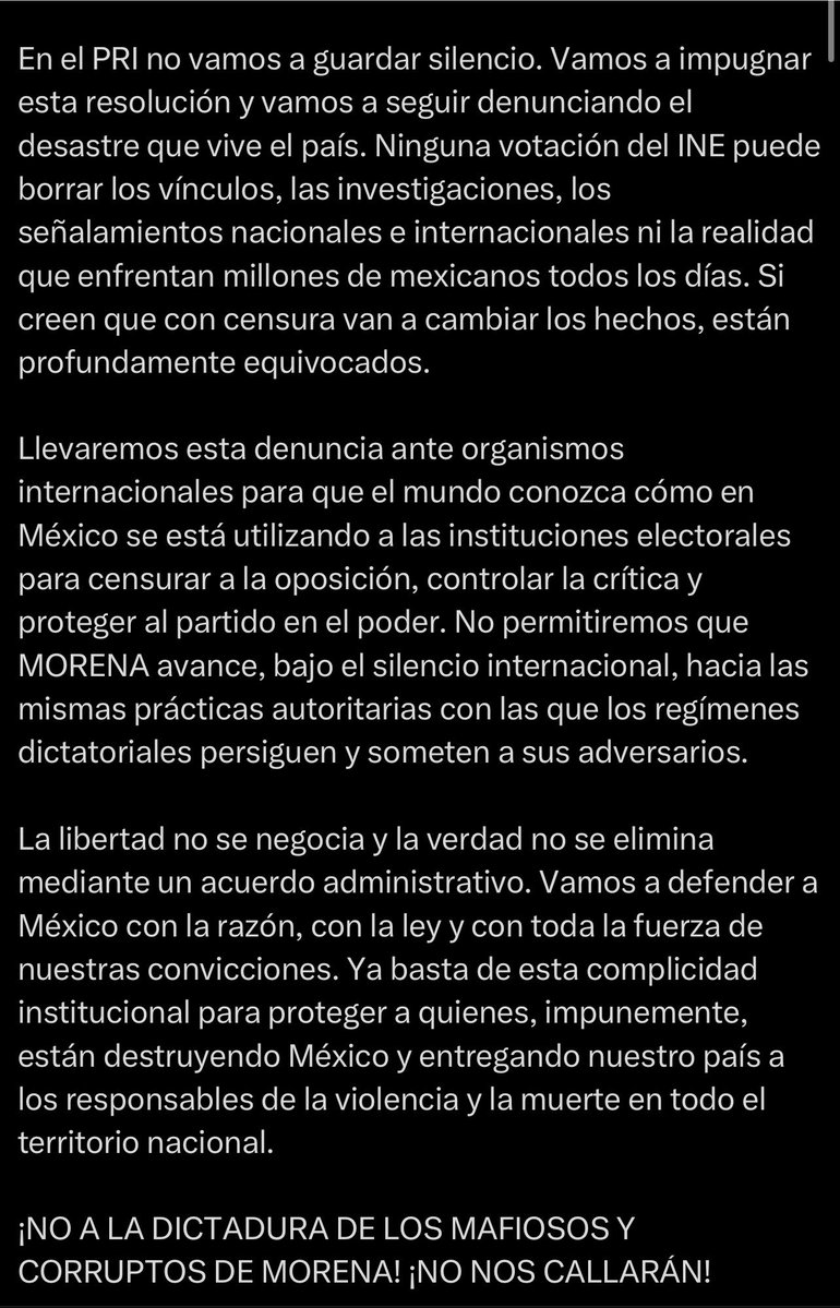 LuisCardenasMx's tweet photo. 🚨 INE prohíbe a Alejandro Moreno llamar “narcopartido” a Morena🃏

La Comisión de Quejas y Denuncias del @INEMexico ordenó por unanimidad al dirigente nacional del PRI retirar de sus redes, y de las cuentas del partido, las publicaciones en las que utilizó ese calificativo contra Morena.

@alitomorenoc acusó al organismo electoral de censurar la crítica política y anunció que impugnará la resolución. También afirmó que llevará el caso ante organismos internacionales al considerar que el INE actúa para proteger al partido en el poder.