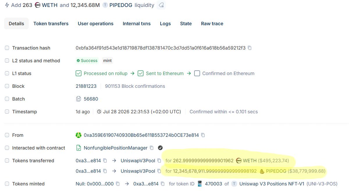 CryptoScamHuntO's tweet photo. 🚨 SCAM ALERT - #CryptoScam #MemeCoinScam #RugPull

⛔️CSEC_1805: $PIPEDOG
0x5cb6f181081301b44905f3ae15419112ecabd8a6

⚠️ Bro added 263 ETH ($495.2K) to the LP, instantly sending the coin above a $500K mc.

99% of holder wallets are fresh.

Ofc, the LP tokens weren't burned.

Big rug incoming!
