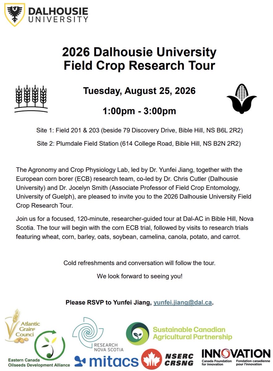 AtlanticGrain's tweet photo. @dalagriculture Field Crop Research Tour will be held from 1:00–3:00 pm on Tuesday, August 25.

Please RSVP to @yunfeijiang1 at yunfei.jiang@dal.ca https://t.co/ha2X8BzPDu