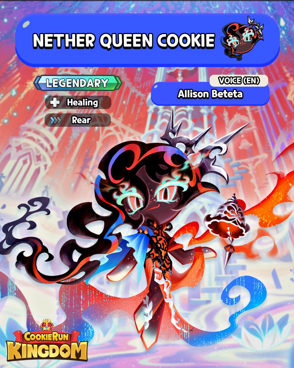 CRKingdomEN's tweet photo. This Cookie is to die for! 🔥 Give a grand welcome to Allison Beteta as the voice of #NetherQueenCookie! 💧❤️

#CookieRun #CookieRunKingdom #VoiceActor https://t.co/rk99UUkeqg