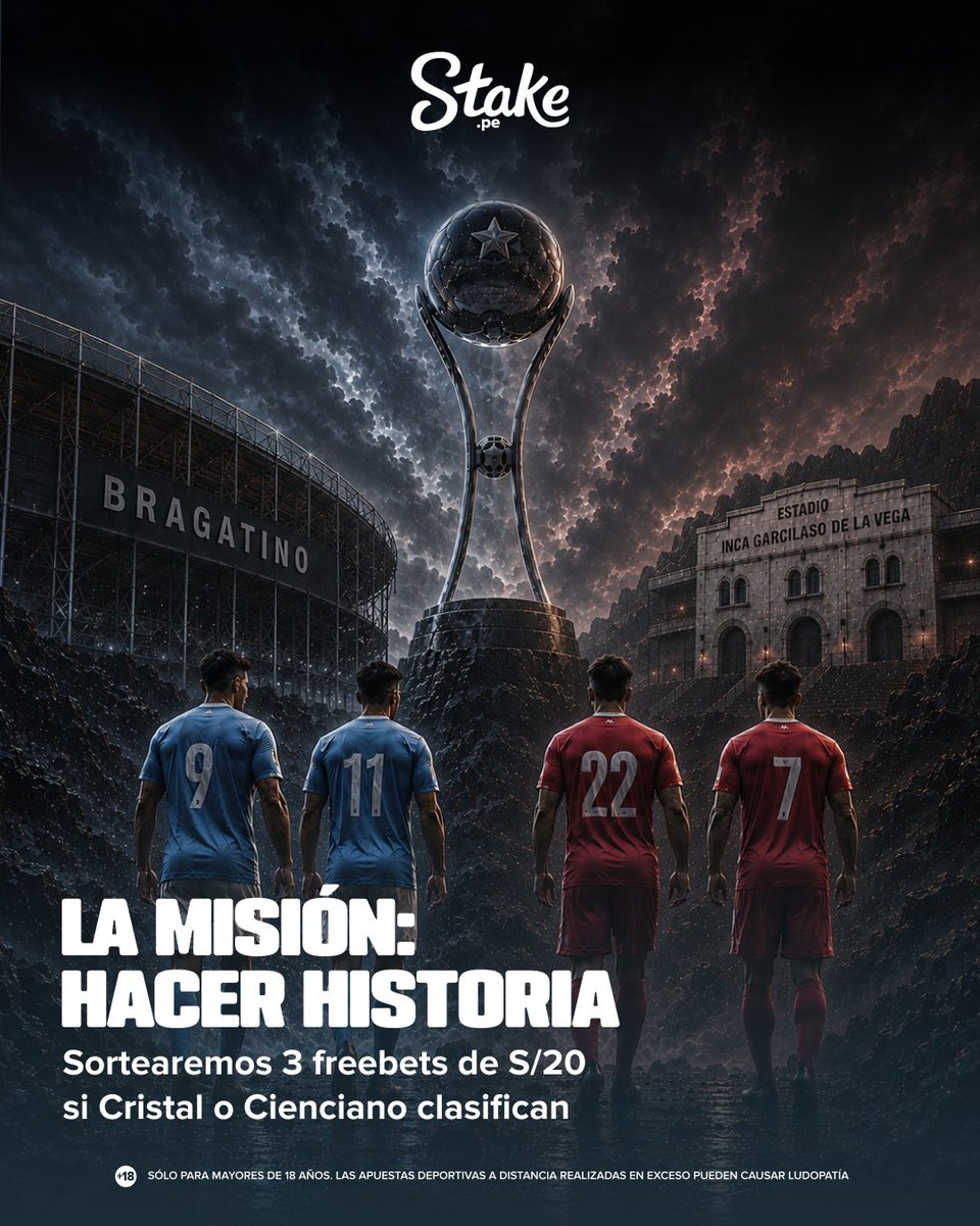 PeruStake's tweet photo. ¡EN BUSCA DE LA GLORIA! 💥

Sporting Cristal y Cienciano tienen la difícil tarea de buscar pasar de ronda en la Copa Sudamericana 🏆 

Sortearemos las freebets entre los Stakers que den RT, nos dejen su user y nos sigan 🚀

*Aplican T&amp;C https://t.co/l9nGgbxSjD