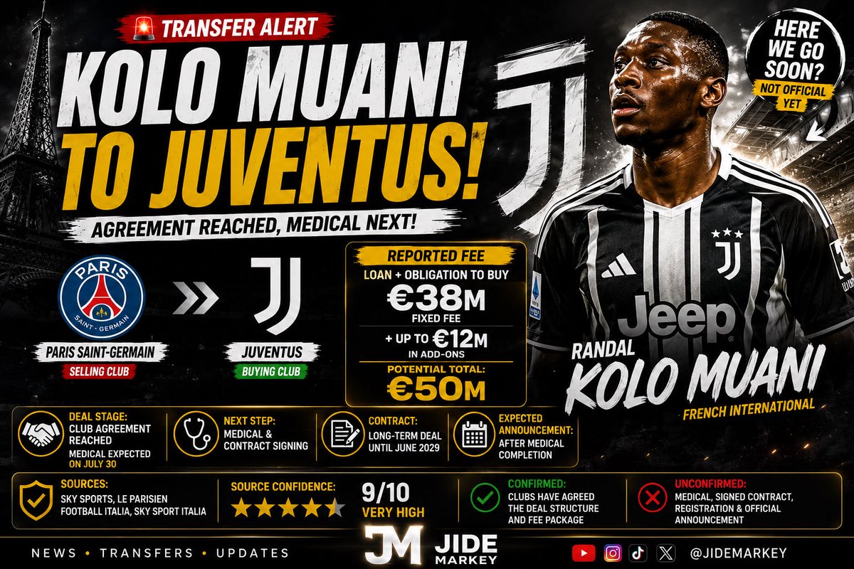 IsdorMark's tweet photo. 🚨 Kolo Muani to Juventus is moving closer! PSG and Juventus are reportedly aligned on a loan deal with an obligation to buy worth up to €50M, with a medical expected next. The transfer is advanced—but it is not official yet. ⚫⚪

#KoloMuani #Juventus #TransferNews #Juve https://t.co/LcqamggtER