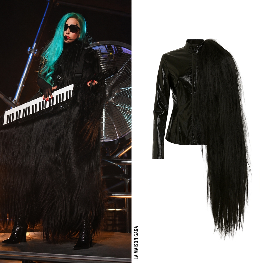 LaMaisonGaga_'s tweet photo. Lady Gaga performed on X-Factor France wearing custom @CharlieLeMindu tear-away half latex-half hair jacket, #DAccori cropped sheer glove top with padded shoulders, vintage #FrameFrance sunglasses and customized @PleaserShoes booties! https://t.co/pNujjvN4rB