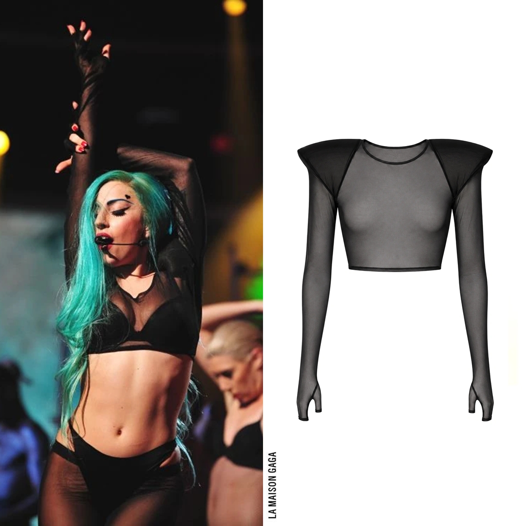 LaMaisonGaga_'s tweet photo. Lady Gaga performed on X-Factor France wearing custom @CharlieLeMindu tear-away half latex-half hair jacket, #DAccori cropped sheer glove top with padded shoulders, vintage #FrameFrance sunglasses and customized @PleaserShoes booties! https://t.co/pNujjvN4rB
